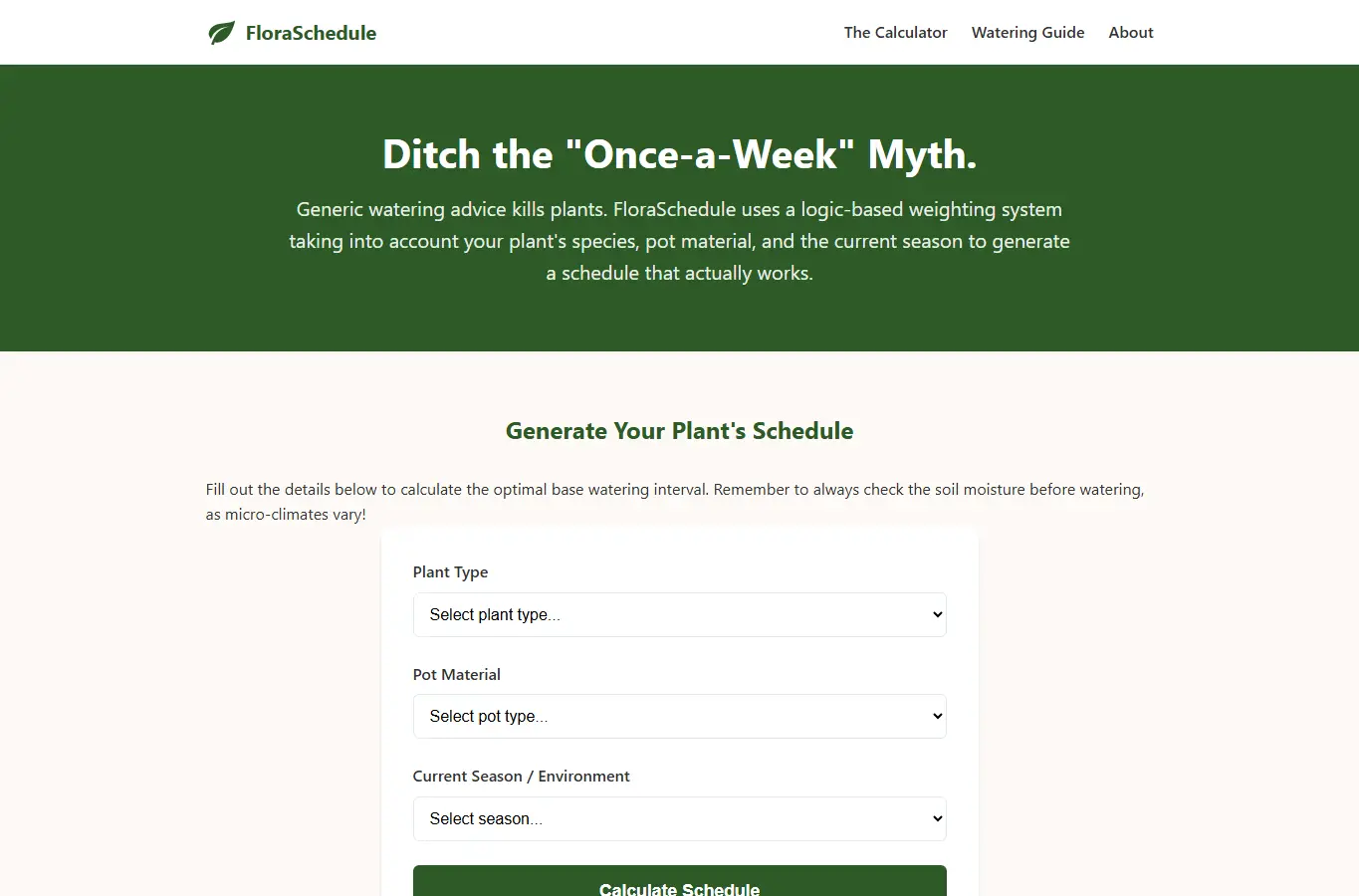 Screenshot of FloraSchedule: Thirst Metric Tool interface showing the project page in use